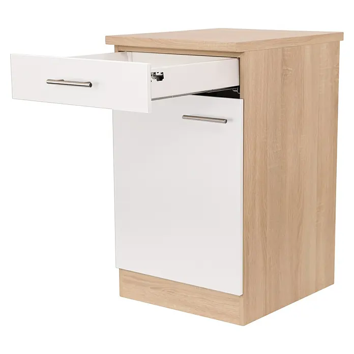 Respekta Merle Unterschrank - B x T x H: 50 x 60 x 84,8 cm, Weiß - Ein stilvoller Unterschrank mit Schublade und Tür in Eichenoptik und Weiß, perfekt für moderne Einrichtungen.