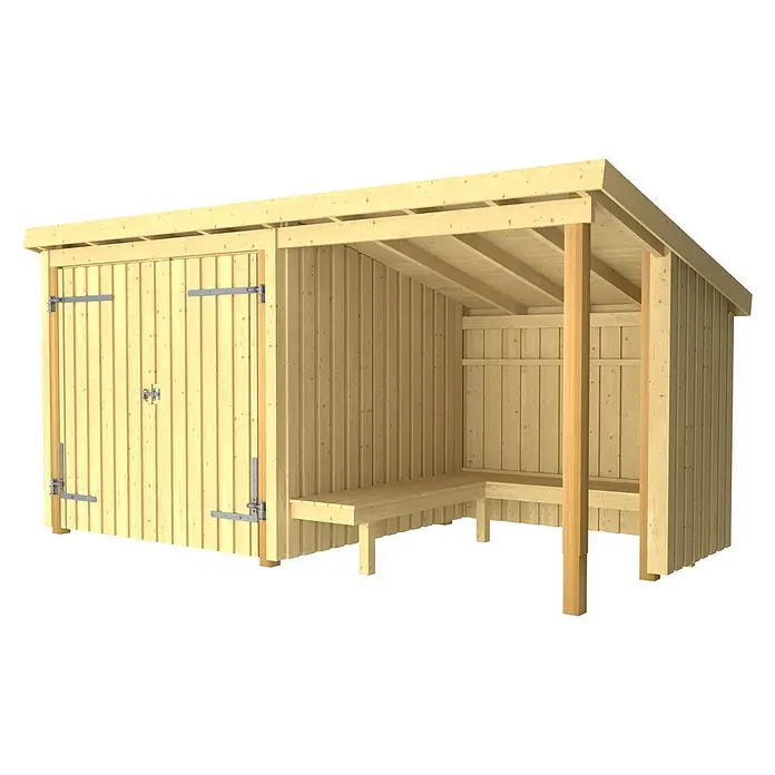 Plus Gartenhaus Grillhütte - Außenmaß inkl. Dachüberstand (B x T): 446 x 237 cm, Holz, Halboffen - Heller Holzschuppen mit offenem Anbau, Sitzbank und Stauraum links.