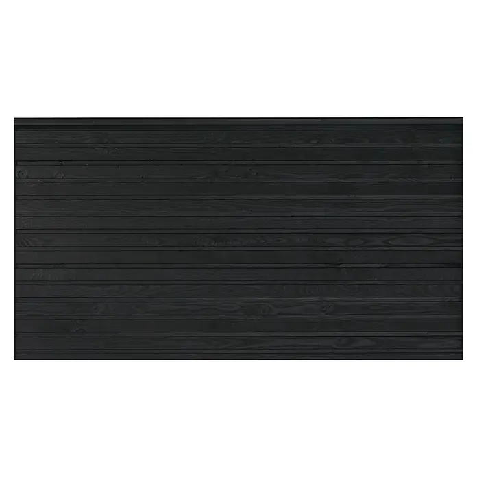 Plus Sichtschutzelement Plank - 174 x 91 cm, Schwarz (RAL 9005) - Detailaufnahme einer modernen, horizontal verlegten, schwarzen Holzfassade mit feiner Maserung und subtilen Schatten, die die Textur hervorheben.