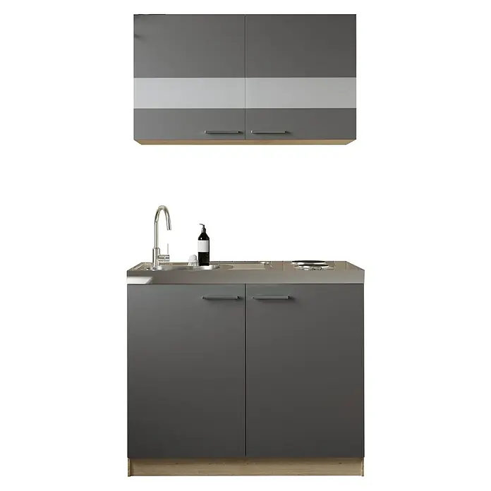 Respekta Merle Miniküche Typ 5 - Breite: 100 cm, Grau, Duo-Kochmulde - Graue Küchenzeile mit Spüle, Armatur, Herd und Hängeschränken. Praktische Küchenlösung für kleine Räume, ideal für Studentenwohnungen.