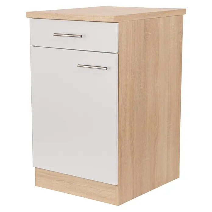 Respekta Merle Unterschrank - B x T x H: 50 x 60 x 84,8 cm, Weiß - Möbelstück mit einer Schublade und einer Tür. Das Möbelstück ist in Weiß und Holzoptik gehalten.
