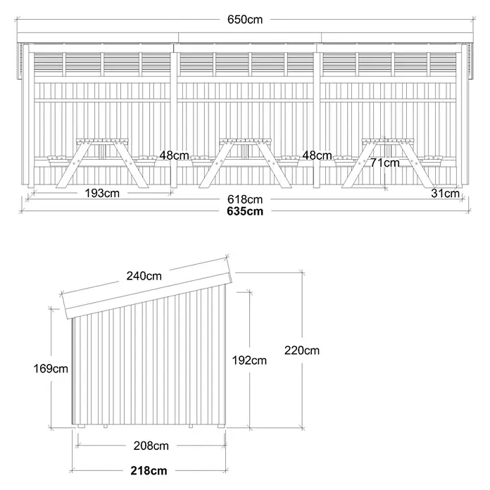 Plus Gartenhaus Picknickhütten - Außenmaß inkl. Dachüberstand (B x T): 650 x 240 cm, Offen inkl. Dachpappe und Aluleisten - Technische Zeichnung eines Holzpicknickunterstands mit drei integrierten Picknicktischen, Vorder- und Seitenansicht mit Maßen.