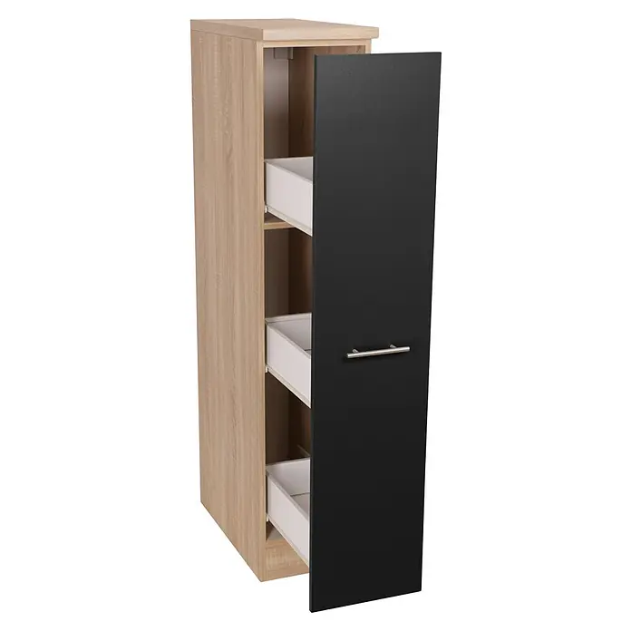 Respekta Merle Apotheker-Hochschrank - B x T x H: 30 x 60 x 144,8 cm, Schwarz, mit Arbeitsplattenabdeckung - Produktfoto eines offenen Küchenschranks mit weißer Innenausstattung und schwarzer Tür. Das Gehäuse ist in hellem Holzton gehalten.