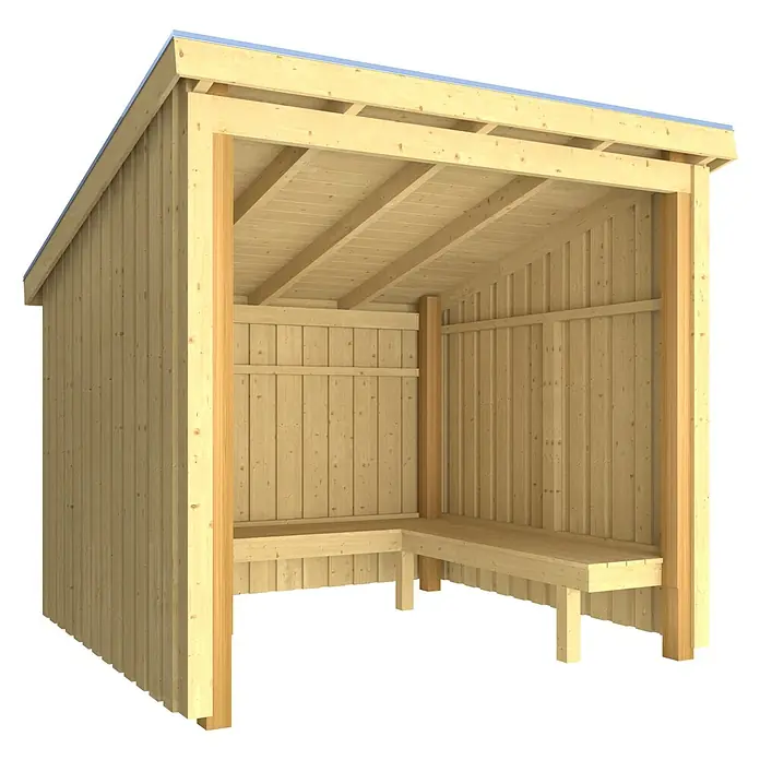 Plus Gartenhaus Grillhütte - Außenmaß inkl. Dachüberstand (B x T): 239 x 240 cm, Holz, Offen inkl. inkl. Dachpappe und Aluleisten - Heller Holzunterstand mit Pultdach und integrierten L-förmigen Bänken, ideal für Sitzgelegenheiten im Freien.