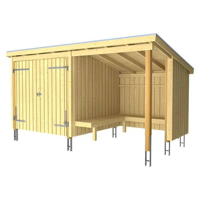 Plus Gartenhaus Grillhütte - Außenmaß inkl. Dachüberstand (B x T): 446 x 240 cm, Holz, Halboffen inkl. H-Pfostenanker, Dachpappe und Aluleisten - Heller Holz-Anlehnschuppen mit offener Sitzfläche und geschlossenem Lagerraum, auf Metallpfosten.