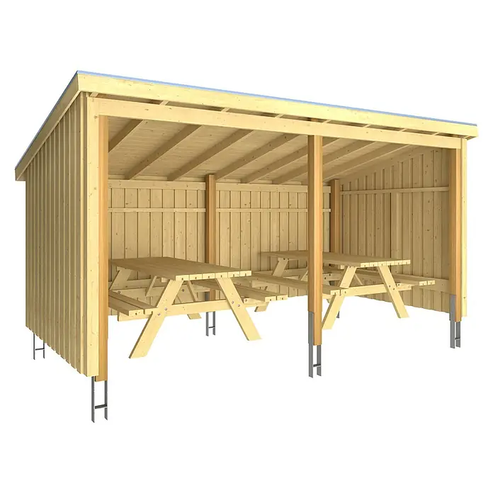 Plus Gartenhaus Picknickhütten - Außenmaß inkl. Dachüberstand (B x T): 446 x 240 cm, Holz, Natur, Offen inkl. H-Pfostenanker, Dachpappe und Aluleisten - Holzhütte mit schrägem Dach und zwei integrierten hellen Holztischen. Gestützt von Metallpfosten.