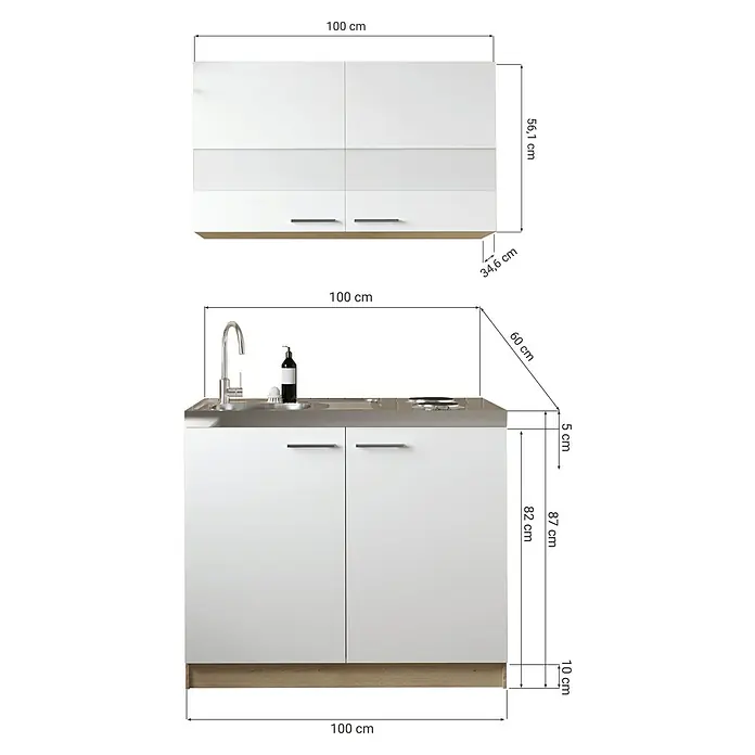 Respekta Merle Miniküche Typ 5 - Breite: 100 cm, Schwarz, Duo-Kochmulde - Abbildung eines weißen Küchenblocks mit Spüle, Kochfeld und Hängeschränken, versehen mit Maßangaben zur besseren Orientierung.