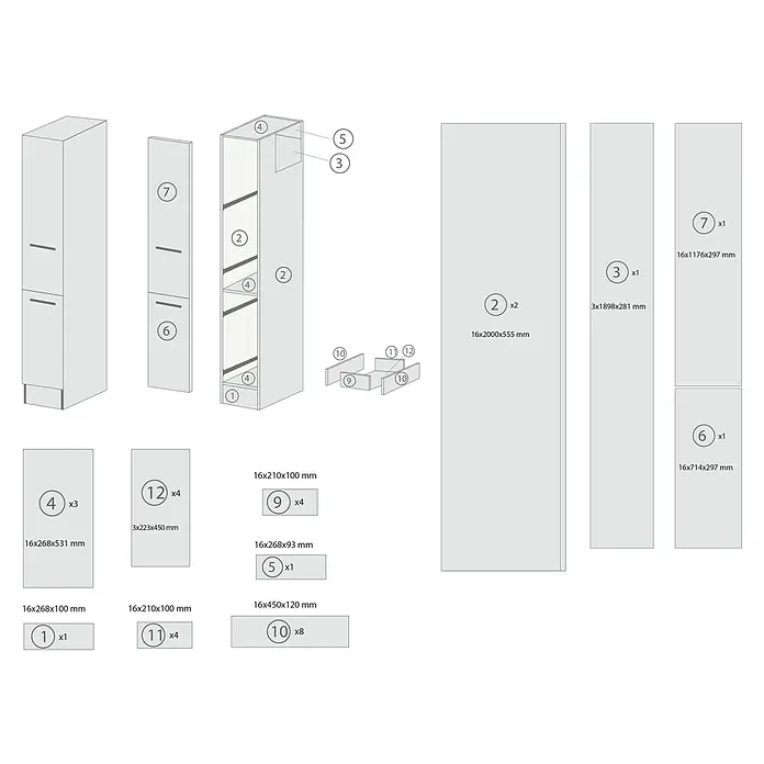 Respekta Merle Apotheker-Hochschrank - B x T x H: 30 x 60 x 200 cm, Grau - Produktabbildung: Eine detaillierte Darstellung von Möbelkomponenten, inklusive Brettern, Schubladen und Beschlägen für den Zusammenbau.