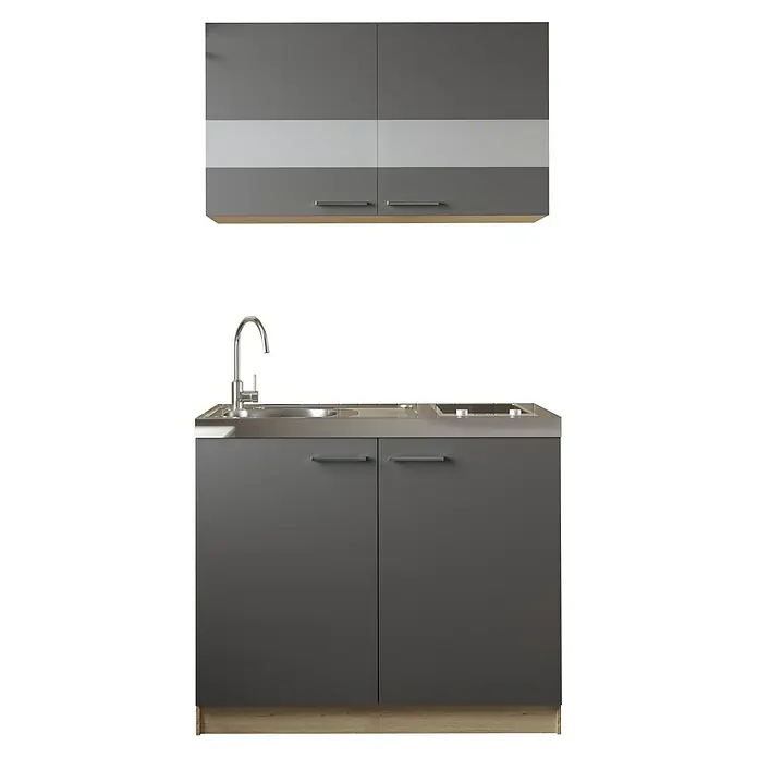 Respekta Merle Miniküche Set 3 - Breite: 100 cm, Grau, Glaskeramikkochfeld - Küchenzeile in Anthrazit mit Spüle und Kochfeld sowie passenden Hängeschränken für eine moderne Küchenausstattung.