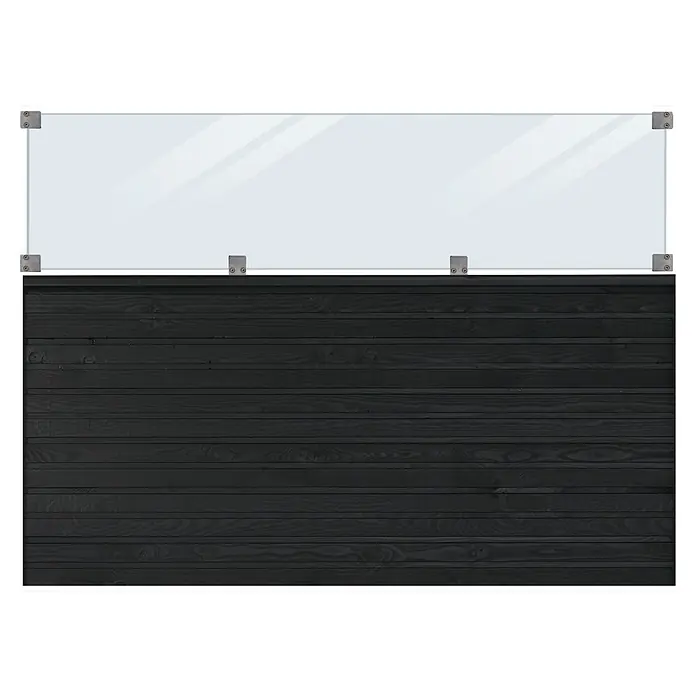 Plus Sichtschutzelement Plank mit Glaselement - 174 x 125 cm, Schwarz (RAL 9005) - Eine Nahaufnahme einer Glasbalustrade mit Holzpaneelen. Die Glasbalustrade wird von Metallstützen gehalten. Perfekt für den Außenbereich.