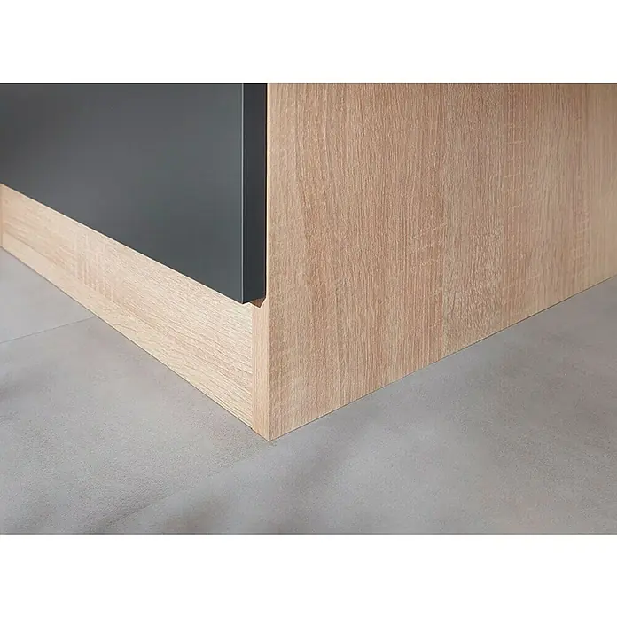 Respekta Merle Apotheker-Hochschrank - B x T x H: 30 x 60 x 200 cm, Grau - Detailaufnahme eines modernen Unterschranks mit grauer Front und Holzoptik, der auf einem grauen Boden steht.