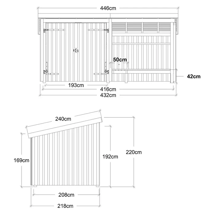 Plus Gartenhaus Grillhütte - Außenmaß inkl. Dachüberstand (B x T): 446 x 237 cm, Holz, Halboffen - Technische Zeichnung eines Holz-Gartenschuppens mit Pultdach, Doppeltür und offenem Seitenfach mit Regal, inklusive Maßen.