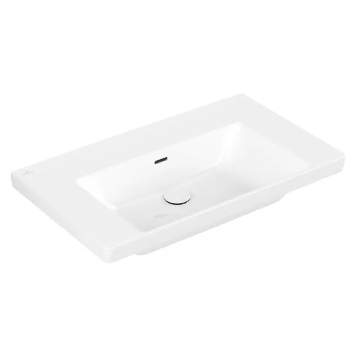 Villeroy & Boch Subway 3.0 Aufsatzwaschbecken - 80 x 47 cm, Mit schmutzabweisender Glasur, Hahnloch: Ohne, Mit Überlauf, Weiß Alpin - Weißes rechteckiges Keramik-Waschbecken mit integriertem Überlauf und rundem Ablaufstopfen.