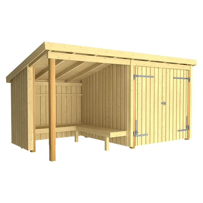 Plus Gartenhaus Grillhütte - Außenmaß inkl. Dachüberstand (B x T): 446 x 237 cm, Holz, Halboffen - Heller Holzunterstand mit offener Sitzbank und geschlossenem Geräteschuppen.