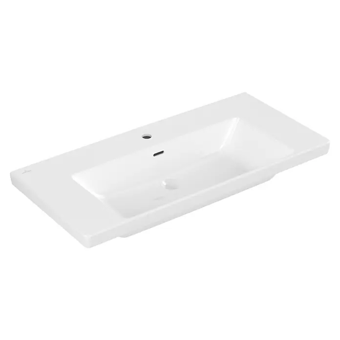 Villeroy & Boch Subway 3.0 Aufsatzwaschbecken - 100 x 47 cm, Mit schmutzabweisender Glasur, Mit Überlauf, Stone White, Anzahl Hahnlöcher: 1 - Weißes Keramik-Waschbecken mit integrierter Armaturenplattform und Überlauf.