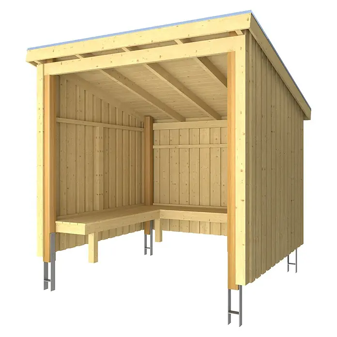 Plus Gartenhaus Grillhütte - Außenmaß inkl. Dachüberstand (B x T): 239 x 240 cm, Holz, Offen inkl. H-Pfostenanker, Dachpappe und Aluleisten - Hölzerner Anlehnschuppen mit Pultdach und L-förmigen Bänken, auf Metallankern.