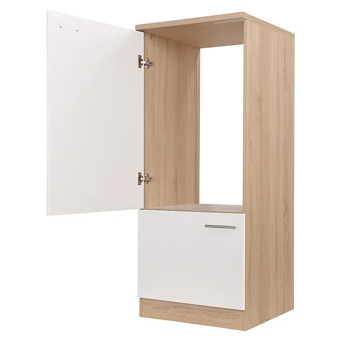 Respekta Merle Geräteumbauschrank - B x T x H: 60 x 60 x 144,8 cm, Weiß, Für Kühlschrank - Das Foto zeigt einen modernen Küchenschrank in Holzoptik mit weißer Schublade und Tür, die offen steht.