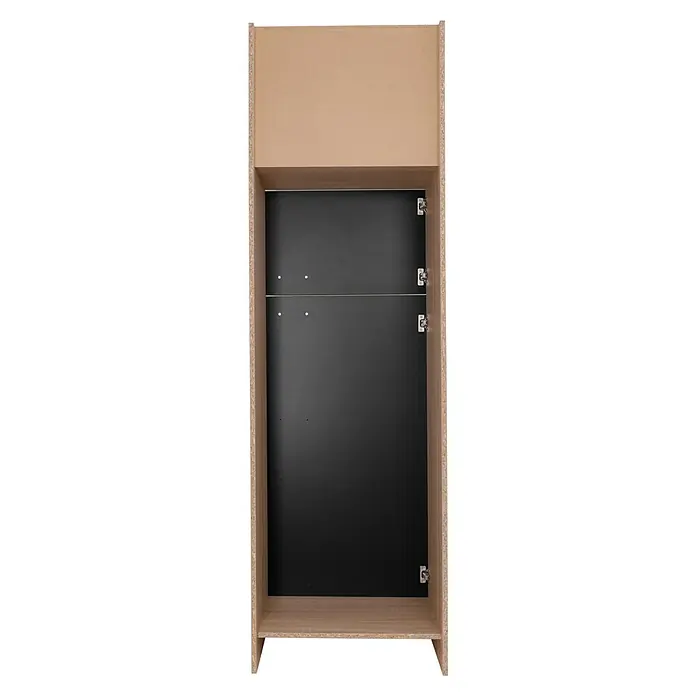 Respekta Merle Kühlumbauschrank - B x T x H: 60 x 60 x 200 cm, Schwarz - Das Produkt ist ein Schrank mit einer schwarzen Rückwand und einer hellbraunen Holzstruktur. Er bietet Stauraum und passt gut in moderne Wohnräume.