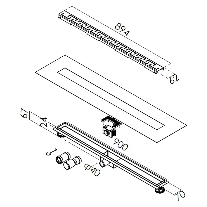 Duschrinne Lech - 80 cm, Edelstahl, Variante 1 - Technische Zeichnung eines linearen Duschabflusssystems mit Zierrost, Hauptablaufkörper und Sanitäranschlüssen.