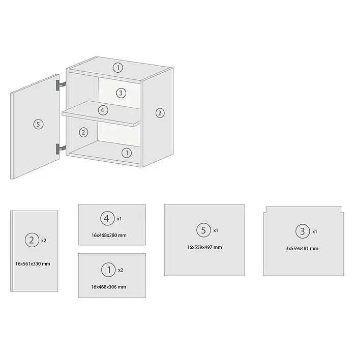 Respekta Merle Hängeschrank - B x T x H: 50 x 34,6 x 56,1 cm, Grau - Abbildung eines zerlegten Schranks mit nummerierten Einzelteilen und Größenangaben für den Zusammenbau.