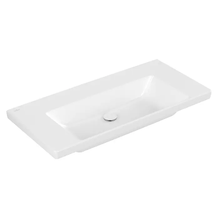 Villeroy & Boch Subway 3.0 Aufsatzwaschbecken - 100 x 47 cm, Ohne Spezialglasur, Hahnloch: Ohne, Ohne Überlauf, Weiß Alpin - Weißes rechteckiges Keramik-Waschbecken mit integrierter Ablage und Chrom-Ablaufdeckel.