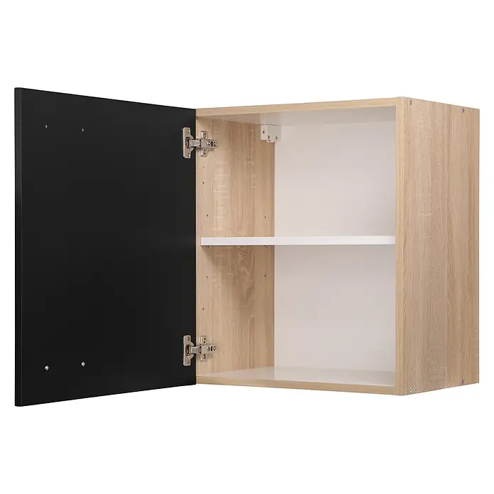 Respekta Merle Hängeschrank - B x T x H: 50 x 34,6 x 56,1 cm, Schwarz - Offener Hängeschrank in Holzoptik mit schwarzer Tür und einem weißen Einlegeboden, ideal für stilvolle Aufbewahrungslösungen.