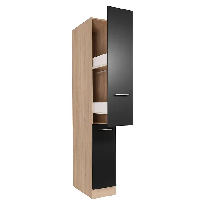Respekta Merle Apotheker-Hochschrank - B x T x H: 30 x 60 x 200 cm, Schwarz - Ein hoher Küchenschrank mit hellem Holzdekor und schwarzen Türen, der Stauraum und Stil in jeder Küche vereint.