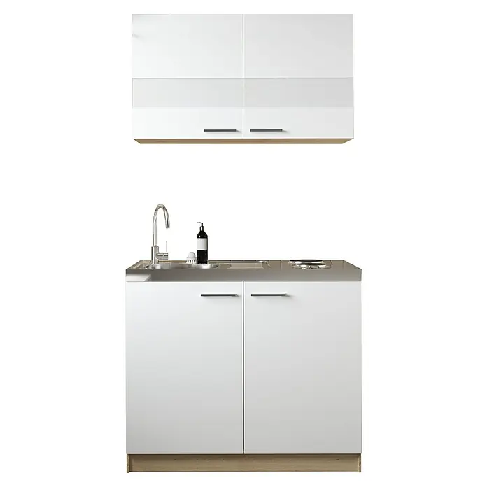 Respekta Merle Miniküche Typ 5 - Breite: 100 cm, Weiß, Duo-Kochmulde - Aufnahme einer modernen weißen Küchenzeile mit Spüle, Armatur, Kochfeld und Hängeschränken für zeitgemäßes Wohnen.