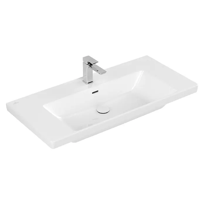 Villeroy & Boch Subway 3.0 Aufsatzwaschbecken - 100 x 47 cm, Mit schmutzabweisender Glasur, Mit Überlauf, Stone White, Anzahl Hahnlöcher: 1 - Weißes Keramik-Waschbecken mit integriertem rechteckigem Becken, Einloch-Chromarmatur und Ablauf.