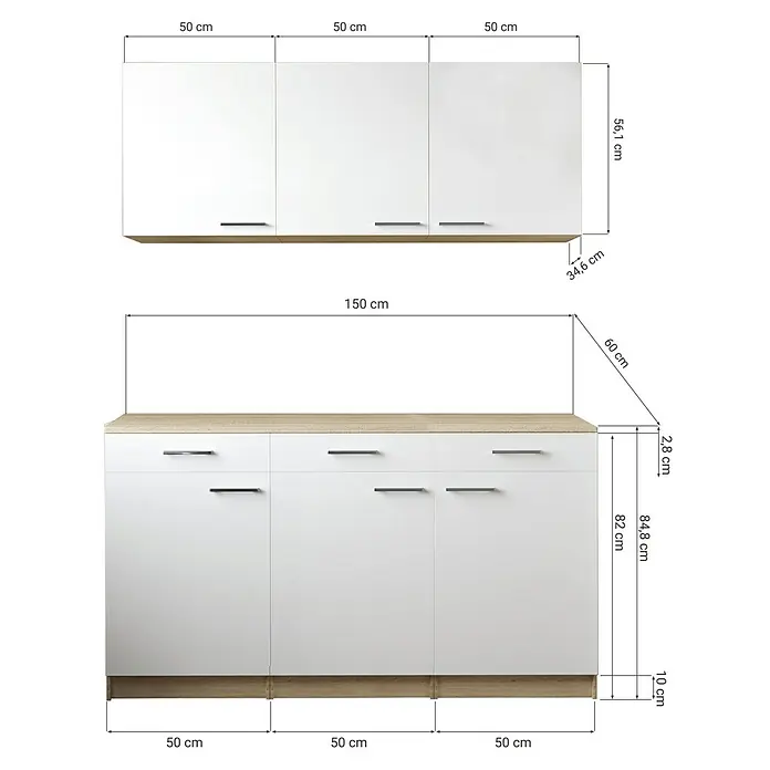 Respekta Merle Küchen-Set - 150 x 60 x 200 cm, Schwarz - Küchenschrank mit weißen Fronten und hellbrauner Arbeitsplatte mit Maßangaben für die Höhe, Breite und Tiefe der einzelnen Elemente.