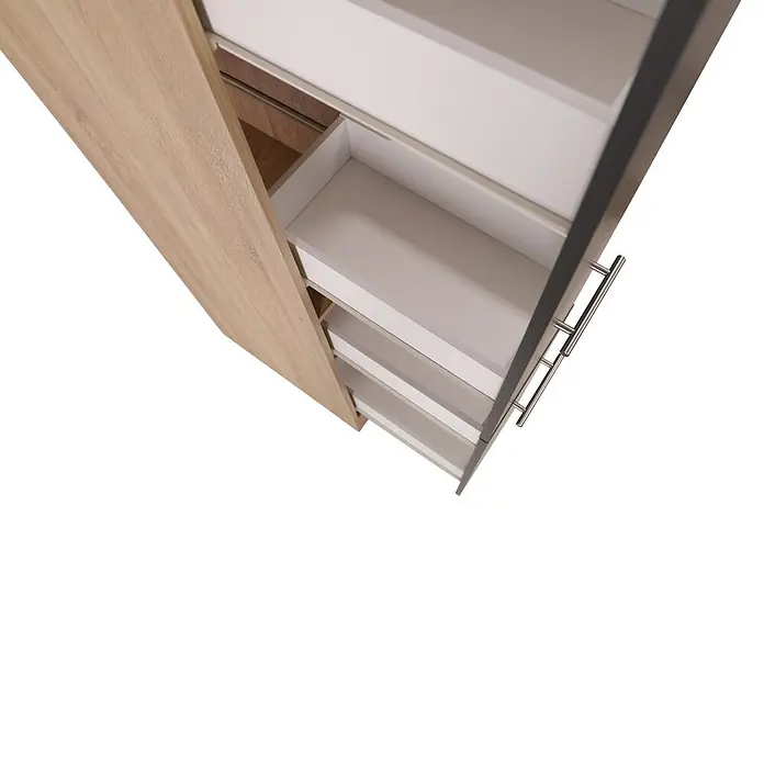Respekta Merle Apotheker-Hochschrank - B x T x H: 30 x 60 x 200 cm, Grau - Aufnahme eines offenen Kleiderschranks mit weißen Schubladen und hellbraunen Holzpaneelen, der Funktionalität und modernes Design vereint.
