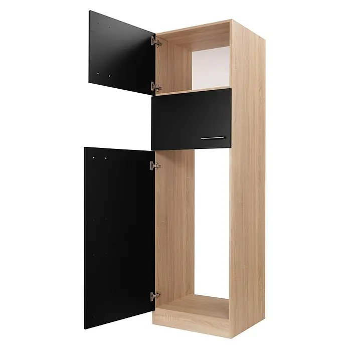 Respekta Merle Kühlumbauschrank - B x T x H: 60 x 60 x 200 cm, Schwarz - Ein hoher Schrank mit hellholzfarbenem Rahmen und zwei offenen schwarzen Türen, der Stauraum und moderne Akzente bietet.