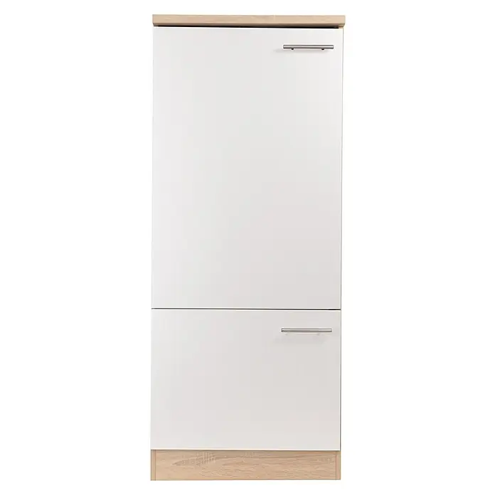 Respekta Merle Geräteumbauschrank - B x T x H: 60 x 60 x 144,8 cm, Weiß, Für Kühlschrank - Frontansicht eines modernen Schuhschranks in Weiß mit Holzober- und Unterseite, versehen mit zwei silberfarbenen Griffen.