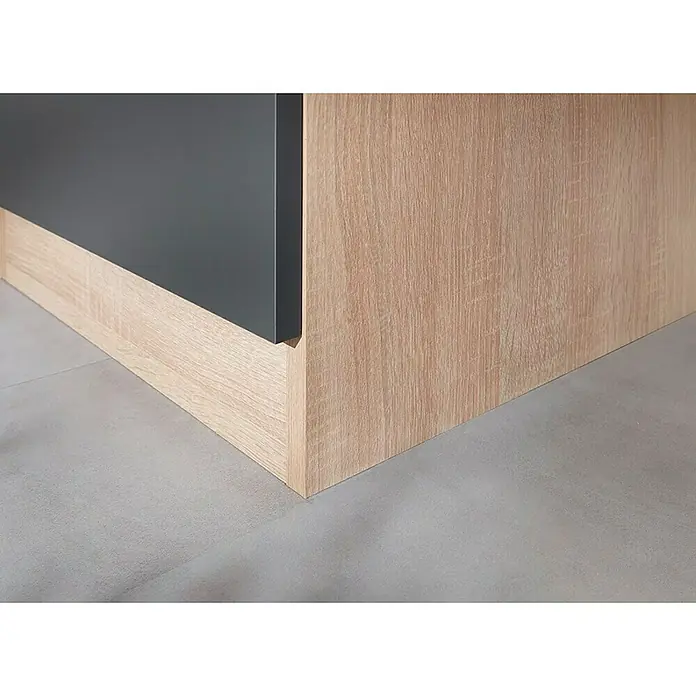 Respekta Merle Miniküche Set 4 - Breite: 100 cm, Grau, Glaskeramikkochfeld - Detailansicht eines modernen Möbelstücks mit einer grauen Schublade und einer hellen Holzstruktur.