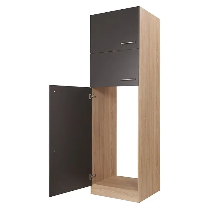 Respekta Merle Kühlumbauschrank - B x T x H: 60 x 60 x 200 cm, Grau - Offener grauer und hölzerner Küchenschrank. Das Produkt verfügt über silberne Griffe und sichtbare Scharniere.