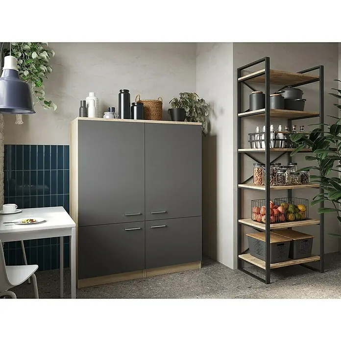 Respekta Merle Hochschrank - B x T x H: 120 x 60 x 144,9 cm, Grau - Dieses Bild zeigt ein modernes Küchenbüfett in Grau mit Holzakzenten und einem offenen Regal mit Lebensmitteln und Geschirr.