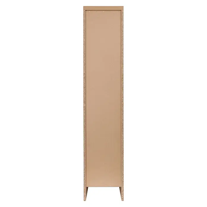 Respekta Merle Apotheker-Hochschrank - B x T x H: 30 x 60 x 144,8 cm, Weiß, mit Arbeitsplattenabdeckung - Ansicht einer hohen, schmalen Schrankwand mit einer glatten, hellbraunen Oberfläche und seitlichen Holzstrukturrahmen.