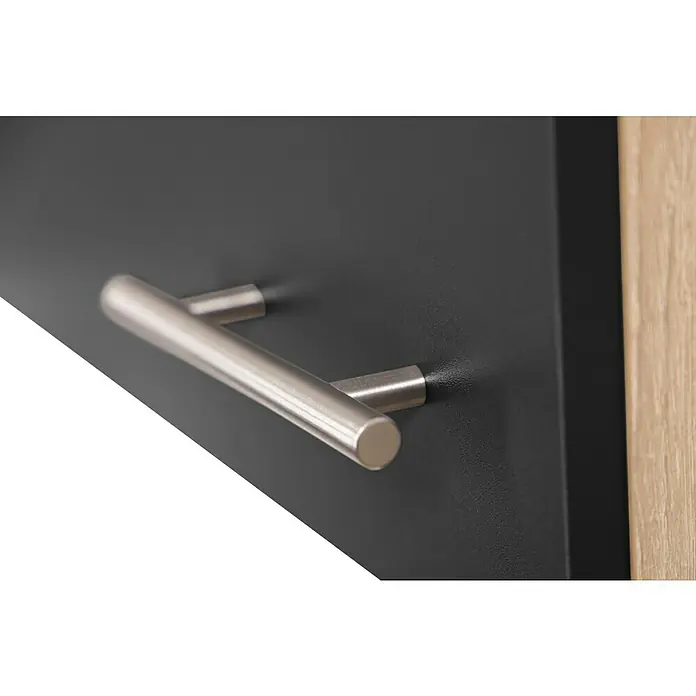 Respekta Merle Hängeschrank - B x T x H: 50 x 34,6 x 56,1 cm, Schwarz - Nahaufnahme eines modernen silbernen Möbelgriffs an einer dunklen Schranktür, der ein elegantes Design und Funktionalität vereint.