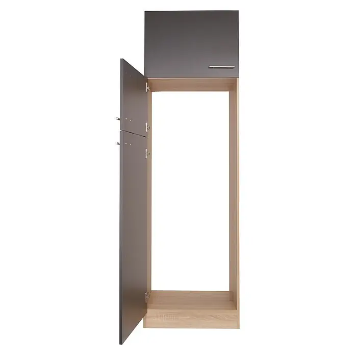 Respekta Merle Kühlumbauschrank - B x T x H: 60 x 60 x 200 cm, Grau - Grauer Küchenschrank mit geöffneten Türen, der den Innenraum und die Holzstruktur zeigt. Moderner Stauraum für die Küche.