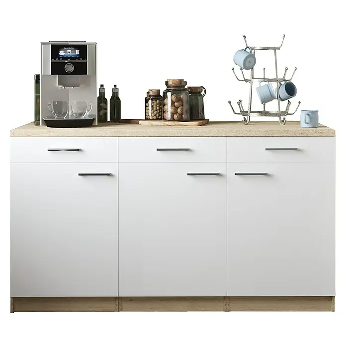 Respekta Merle Küchen-Unterschrank - B x T x H: 150 x 60 x 85 cm, Weiß - Ein moderner Küchenschrank mit einer Kaffeemaschine, Gläsern und Vorratsbehältern auf der Arbeitsplatte. Die weißen Fronten und der helle Holzeffekt sorgen für ein stilvolles Ambiente.