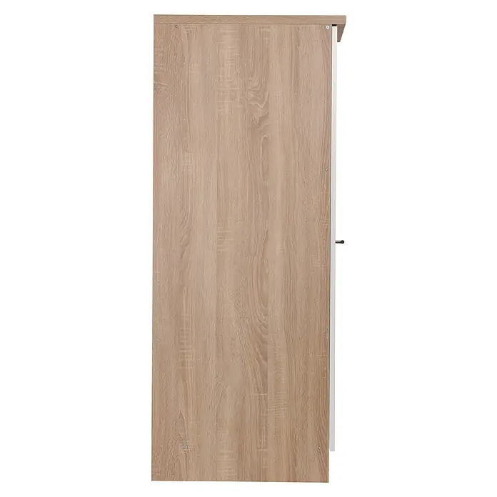 Respekta Merle Apotheker-Hochschrank - B x T x H: 30 x 60 x 144,8 cm, Weiß, mit Arbeitsplattenabdeckung - Detailaufnahme eines Holzmöbelstücks mit hellbrauner Maserung und schlichter Bauweise, ideal für moderne Innenräume.