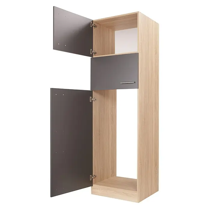 Respekta Merle Kühlumbauschrank - B x T x H: 60 x 60 x 200 cm, Grau - Ein offener, mehrschichtiger Holzschrank mit grauen Türen in verschiedenen Öffnungswinkeln, der die Vielseitigkeit hervorhebt.