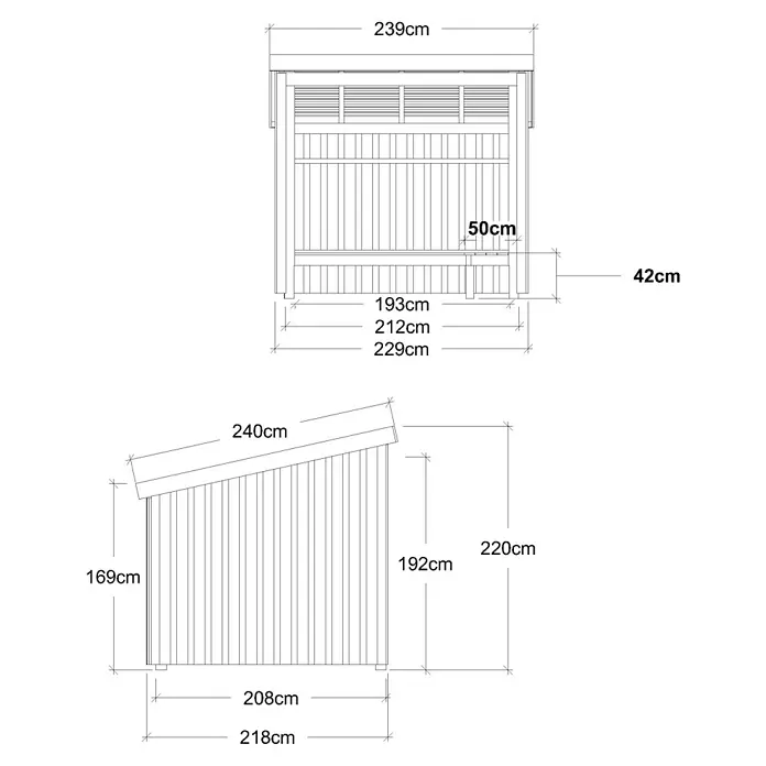 Plus Gartenhaus Grillhütte - Außenmaß inkl. Dachüberstand (B x T): 239 x 240 cm, Holz, Offen inkl. H-Pfostenanker, Dachpappe und Aluleisten - Technische Zeichnung eines Gartenhauses mit verschiedenen Ansichten und Maßen.