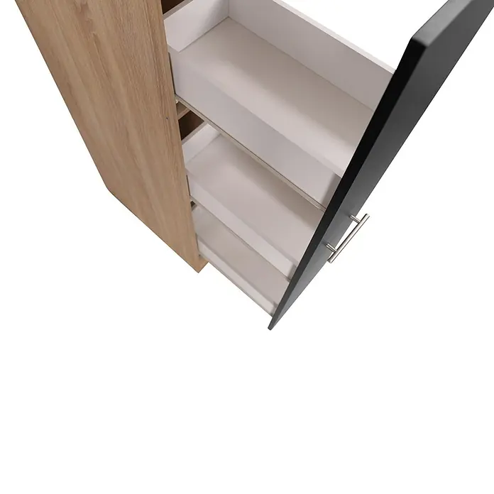 Respekta Merle Apotheker-Hochschrank - B x T x H: 30 x 60 x 144,8 cm, Schwarz, mit Arbeitsplattenabdeckung - Aufnahme eines offenen Holzschranks mit mehreren weißen Regalen. Moderner Schrank mit viel Stauraum.