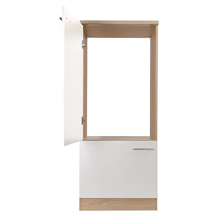 Respekta Merle Geräteumbauschrank - B x T x H: 60 x 60 x 144,8 cm, Weiß, Für Kühlschrank - Das Bild zeigt einen modernen Kleiderschrank mit einer offenen Tür und einer Schublade darunter, ideal für stilvolle Aufbewahrung.