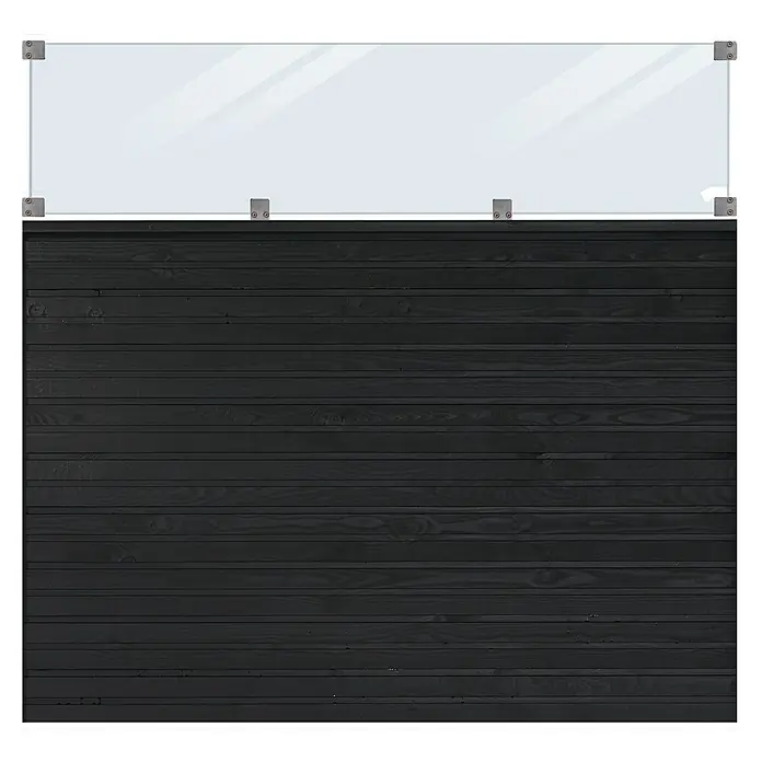 Plus Sichtschutzelement Plank mit Glaselement - 174 x 163 cm, Schwarz (RAL 9005) - Eine Glasscheibe ist mit Metallbeschlägen an einer dunklen Holzwand befestigt und sorgt für eine elegante und moderne Optik.