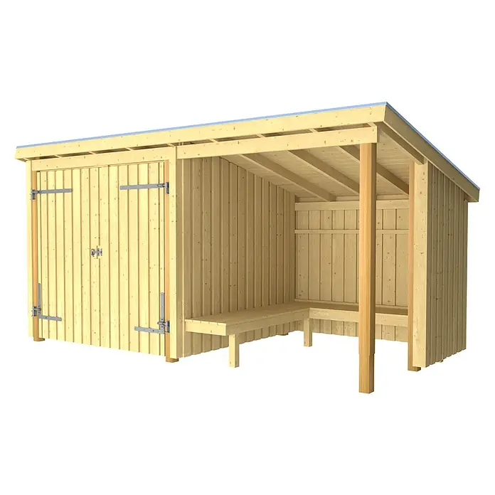 Plus Gartenhaus Grillhütte - Außenmaß inkl. Dachüberstand (B x T): 446 x 266 cm, Holz, Halboffen inkl. Dachpappe und Aluleisten - Heller Holzschuppen mit angebautem Unterstand und integrierter Sitzbank.