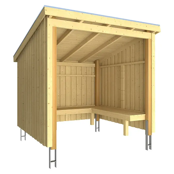 Plus Gartenhaus Grillhütte - Außenmaß inkl. Dachüberstand (B x T): 239 x 240 cm, Holz, Offen inkl. H-Pfostenanker, Dachpappe und Aluleisten - Unterstand aus hellem Holz mit schrägem Dach und integrierter Eckbank, gestützt von Metallpfosten.