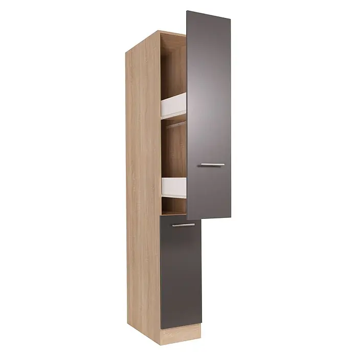 Respekta Merle Apotheker-Hochschrank - B x T x H: 30 x 60 x 200 cm, Grau - Abgebildeter Küchenschrank mit Holzmaserung und grauen Fronten mit minimalistischen Griffen, perfekt für eine moderne Kücheneinrichtung.