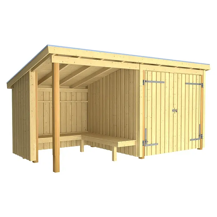 Plus Gartenhaus Grillhütte - Außenmaß inkl. Dachüberstand (B x T): 446 x 266 cm, Holz, Halboffen inkl. Dachpappe und Aluleisten - Heller Holzschuppen mit integriertem Unterstand und Bänken, sowie abschließbarem Lagerraum.
